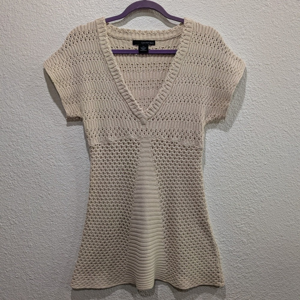 Calvin Klein Jeans Womens Large Knit Tunic Sweater Boho Coastal Y2K Beige